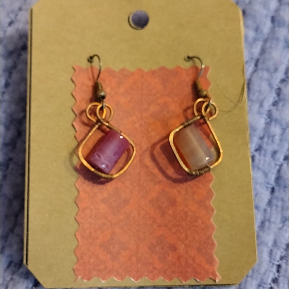 Earrings square wire beaded white purple mismatched gift ooak brass design xmas